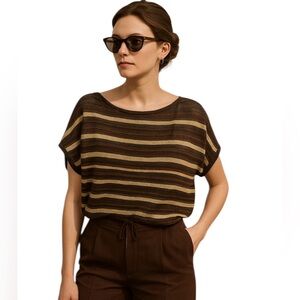 Sarah Pacini Linen Blend Brown & Tan Striped Crop Top, Summer Layering Resort OS